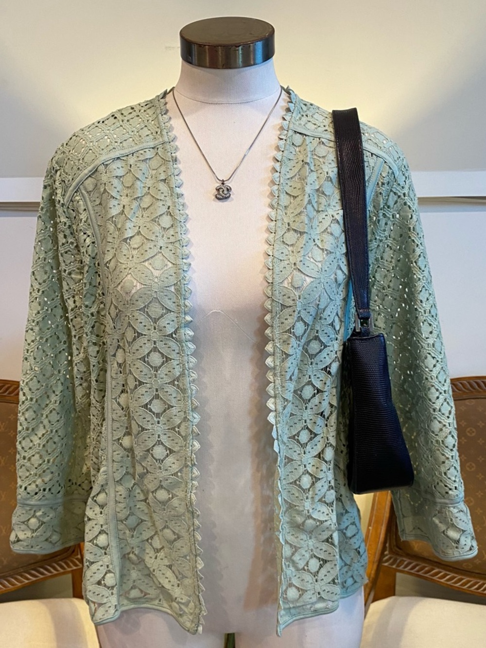 Vintage 90s Y2K Mint Green Crochet Lace Open Cardigan, Cotton Blend, Size Medium